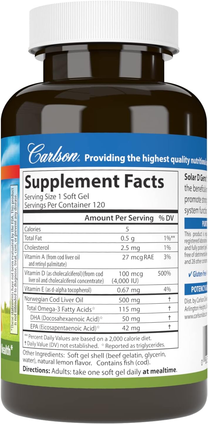 Carlson - Solar D Gems, Vitamin D3 and Omega-3 Supplement, 4000 IU (100 mcg) D3, 115 mg Omega-3 EPA and DHA, Vitamin D Fish Oil Capsule, Bone & Immune Health, Vitamin D Supplement, Lemon, 120 Softgels