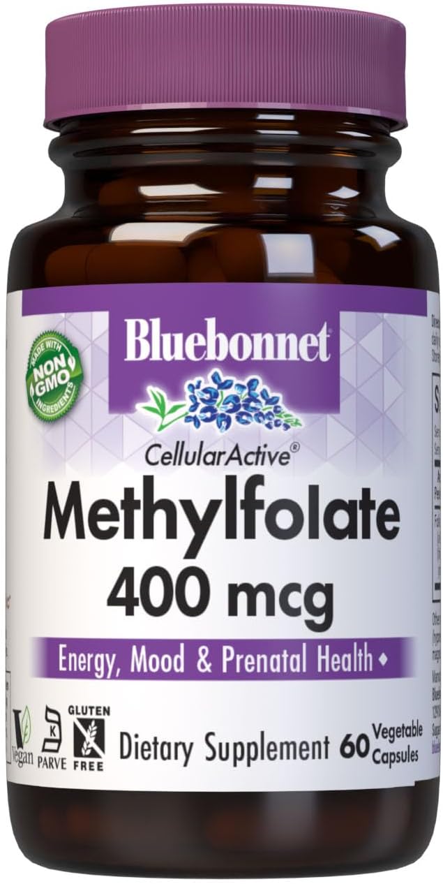 Bluebonnet Nutrition Cellularactive Methylfolate 400 Mcg, Formulated With Quatrefolic, Energy, Mood, And Prenatal Health*, Vegan, Gluten-Free, Non-Gmo, And Kosher, 60 Vegetable Capsules, 60 Servings