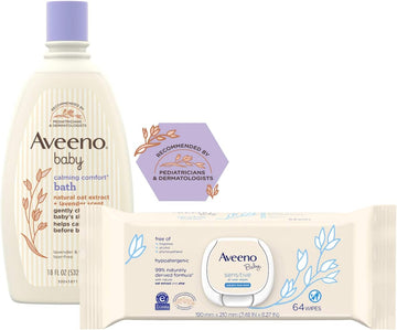Aveeno Baby Calming Comfort Bath With Relaxing Lavender & Vanilla Scents, Hypoallergenic, 18 Fl Oz (Pack Of 1) With Sensitive All Over Wipes, 64 Ct (Pack Of 3)