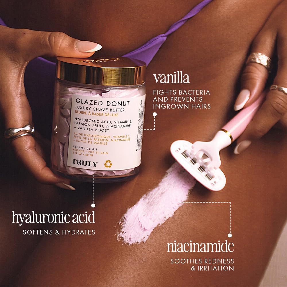 Truly Beauty Glazed Donut Luxury Shave Butter | Hydrating Shave Cream For Sensitive Skin | Infused With Hyaluronic Acid & Niacinamide | Protects Against Razor Burn | Toasted Vanilla Scent (2 Fl Oz) : Beauty & Personal Care