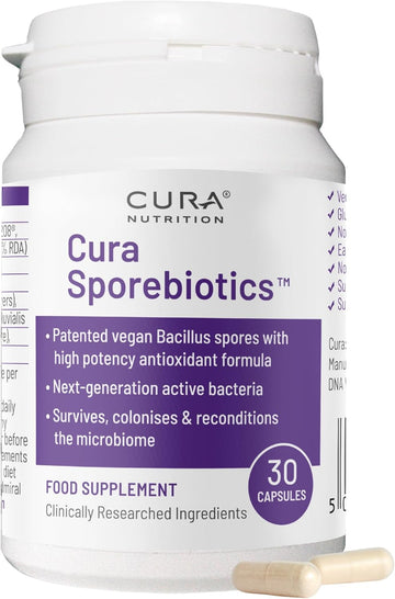 Cura Nutrition Sporebiotics (30 Capsules) Bacillus Coagulans, Subtilis & Clausii Spores Probiotic Supplements With Powerful Antioxidants, Spore Probiotics Live Bacteria, Gut Health Supplement, Vegan