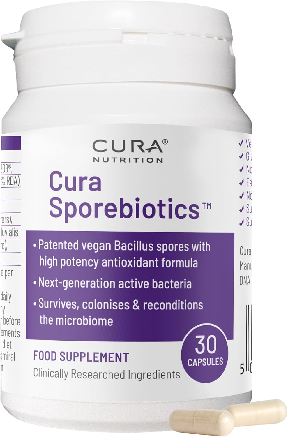 Cura Nutrition Sporebiotics (90 Capsules) Bacillus Coagulans, Subtilis & Clausii Spores Probiotic Supplements With Powerful Antioxidants, Spore Probiotics Live Bacteria, Gut Health Supplement, Vegan
