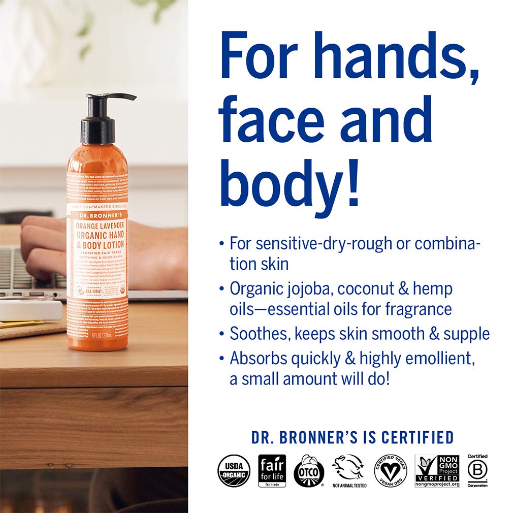 Dr. Bronner's - Organic Lotion (Orange Lavender, 8 Ounce) - Body Lotion and Moisturizer, Certified Organic, Soothing for Hands, Face and Body, Highly Emollient, Nourishes and Hydrates, Vegan, Non-GMO : Beauty & Personal Care