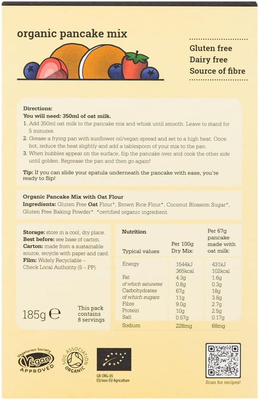 Just Wholefoods Organic Pancake Mix Baking Kit 6 X 185G | Vegan, Gluten & Dairy Free, Source Of Fibre | Ingredients To Make Up To 48 Pancakes |