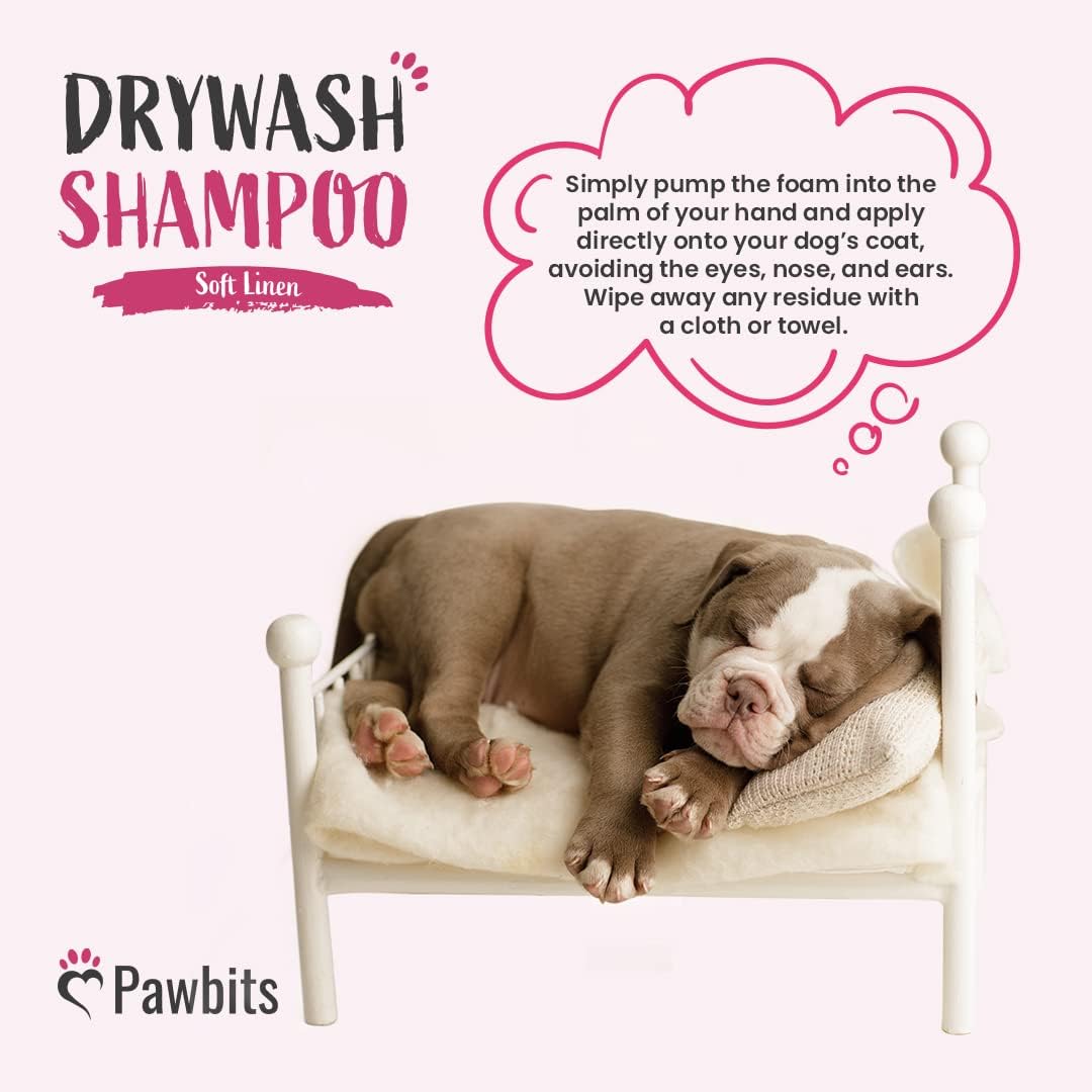 Pawbits Drywash Shampoo for Dogs - Puppy Friendly 3-in-1 Dry Shampoo to Clean, Condition & Detangle – No Water Required (Soft Linen - 2.5L) :Pet Supplies