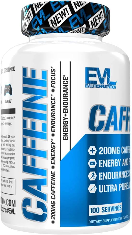 Evlution Nutrition Caffeine - Energy, Focus, & Endurance Support - 200Mg Of Caffeine Per Serving - Ultra Pure & Potent - Maximize Work, Training & More - Dietary Supplement - 100 Servings -100 Tablets