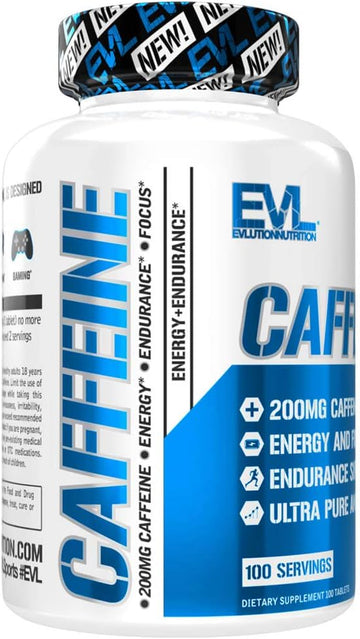 Evlution Nutrition Caffeine - Energy, Focus, & Endurance Support - 200Mg Of Caffeine Per Serving - Ultra Pure & Potent - Maximize Work, Training & More - Dietary Supplement - 100 Servings -100 Tablets