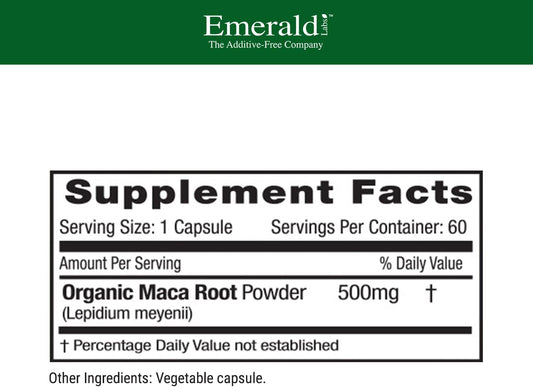 EMERALD LABS Maca Root - Daily Supplement with 100% Pure Peruvian Maca Root for Endocrine Health of Men & Women - Gluten Free, Vegan, Non-GMO - 60 Vegetable Capsules