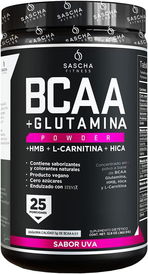 SASCHA FITNESS BCAA 4:1:1 + Glutamine, HMB, L-Carnitine, HICA | Powerful and Instant Powder Blend with Branched Chain Amino Acids (BCAAs) for Pre, Intra and Post-Workout | Natural Grape Flavor,362.5g