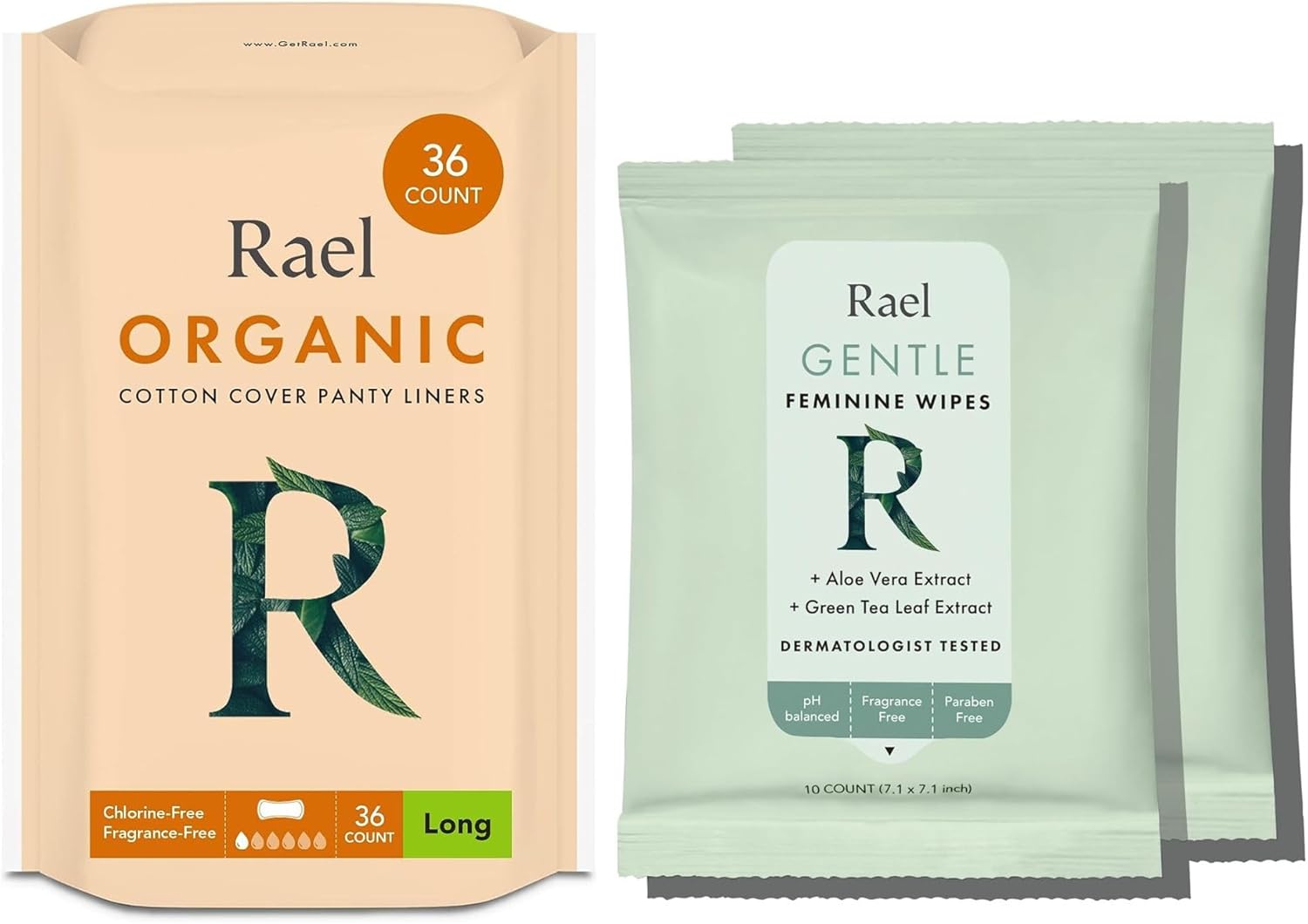 Rael Bundle - Organic Cotton Cover Liner (Long, 36 Count) & Flushable Feminine Wipes (20 Count)