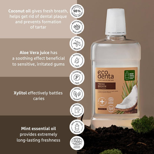 Ecodenta Fluoride Free Mouthwash Alcohol Free - Certified Organic Minty Coconut Mouth Wash For Bad Breath 500Ml