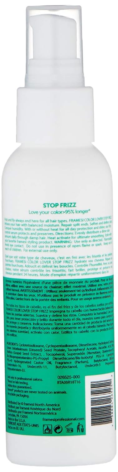 Framesi Color Lover Stop Frizz, 3.4 Fl Oz, Anti-Humidity Serum And Split End Repair, Color Treated Hair, Travel Size
