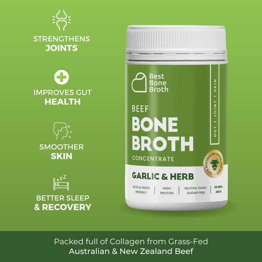 Beef Bone Broth Concentrate Garlic Herb Flavor Grass Fed - Made From Australian Cattle - Full Of Protein & Collagen | 35 Servings/ 2.25 Gl Of Broth | Just Add Water | Keto & Paleo Friendly | Sippable