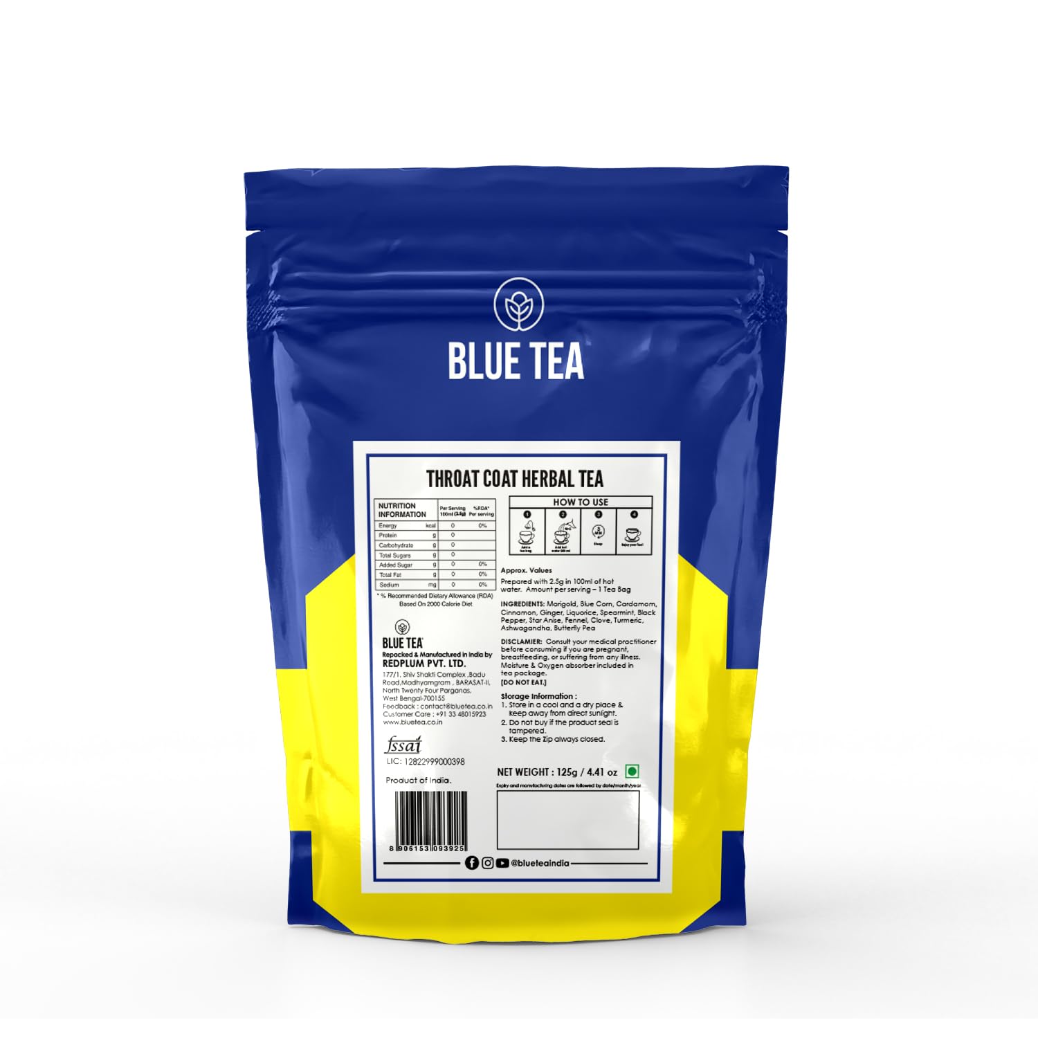 Blue Tea - Throat Coat Tea - 50 Tea Bags (Plant Based) | Relaxing Throat | Herbal Tea - Refreshing Flavours - Caffeine Free - Vegan - Flower Based - Non-Bitter || Zipper Pack