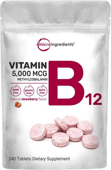 Micro Ingredients Vitamin B12 5000mcg | Methyl B12 Active Form – 240 Chewable Tablets | Fast Dissolve, Natural Strawberry Flavor, Support Energy, Metabolism Health | Vegan, Non-GMO, & No Glute
