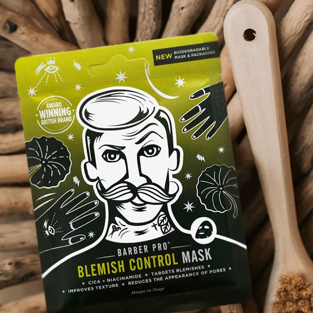 BARBER PRO BLEMISH CONTROL Mens Face Mask Bamboo Sheet Facial Hydration Prevent Breakouts & Improve Skin Texture Cica & Niacinamide Natural Vegan Skincare 100% Biodegradable Multi Award Winning Brand : Amazon.co.uk: Beauty