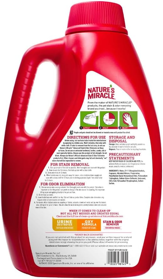 Nature'S Miracle Advanced Dog Stain And Odor Remover, Liquid, 128 Fl Oz, Sunny Lemon, Red