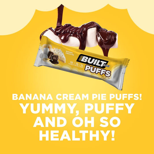 Built Protein Bars, Banana Cream Pie Puff, 12 Bars, Protein Snacks With 17G Of Protein, Collagen, Gluten Free Chocolate Protein Bar With Only 140 Calories & 6G Sugar, Perfect On The Go Protein Snack