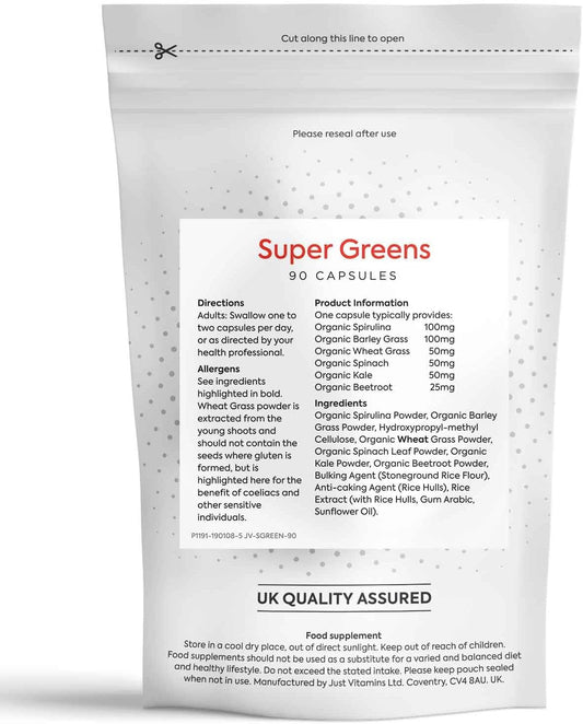 Just Vitamins Super Greens Complex With Spirulina, Barley Grass, Wheatgrass, Spinach, Kale & Beetroot X90 Capsules - No Artifical Ingredients Or Fillers. Uk Made