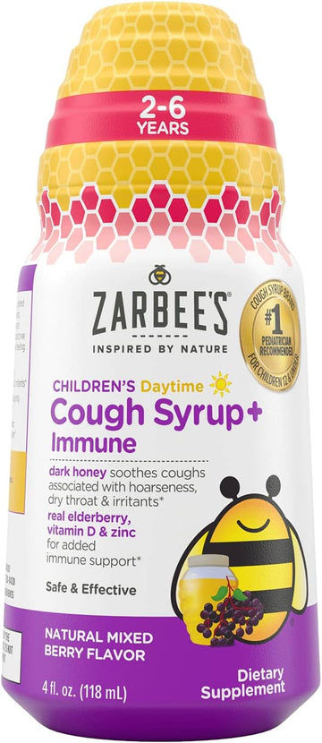 Zarbee'Ss Kids Cough + Immune Daytime For Children 2-6 With Dark Honey, Vitamin D & Zinc, 1 Pediatrician Recommended, Drug & Alcohol-Free, Mixed Berry Flavor, 4Fl Oz