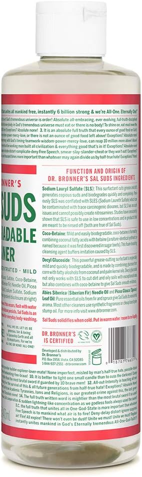 Dr. Bronner's - Sal Suds Biodegradable Cleaner (16 Ounce) - All-Purpose Cleaner, Pine Cleaner for Floors, Laundry and Dishes, Concentrated, Cuts Grease and Dirt, Powerful Cleaner, Gentle on Skin