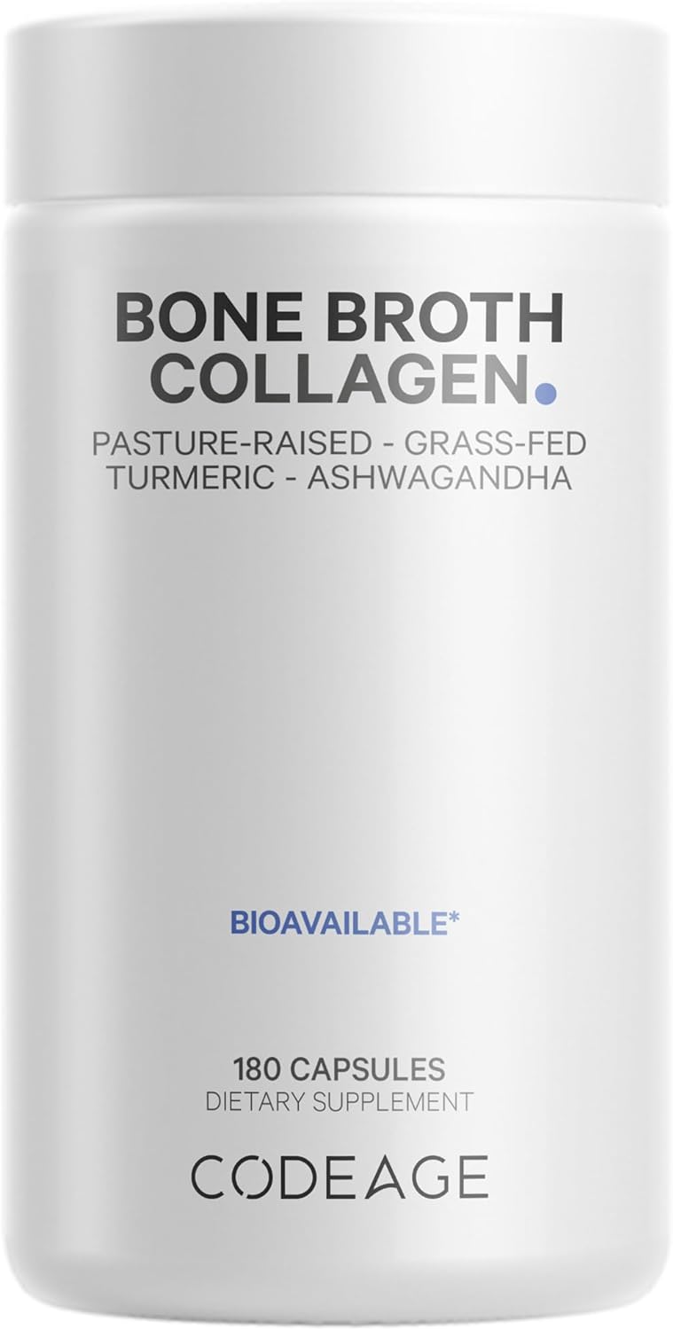 Codeage Organic Bone Broth Collagen Peptides Capsules Supplement, Grass Fed Beef Bone Broth, Free-Range Chicken Bone Broth, Turmeric & Ashwagandha, Bones, Cartilage, Skin, Joint Support - 180 Capsules