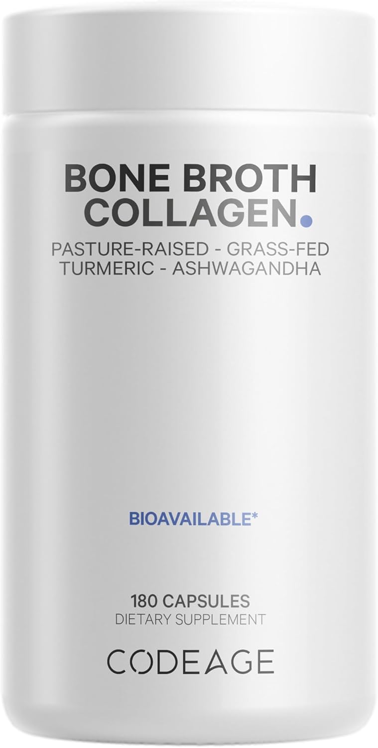 Codeage Organic Bone Broth Collagen Peptides Capsules Supplement, Grass Fed Beef Bone Broth, Free-Range Chicken Bone Broth, Turmeric & Ashwagandha - Collagen Types I, Ii, Iii - Non-Gmo - 180 Capsules