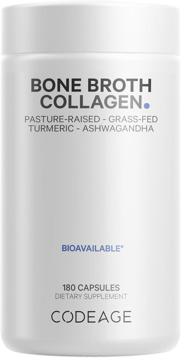 Codeage Organic Bone Broth Collagen Peptides Capsules Supplement, Grass Fed Beef Bone Broth, Free-Range Chicken Bone Broth, Turmeric & Ashwagandha - Collagen Types I, Ii, Iii - Non-Gmo - 180 Capsules