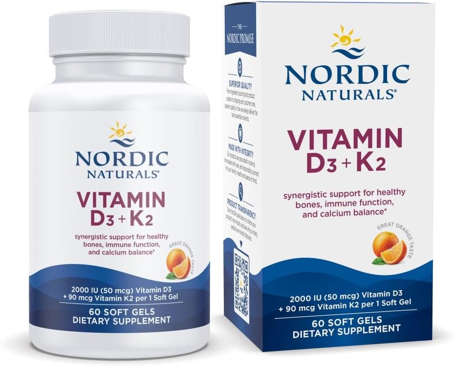 Nordic Naturals Vitamin D3 + K2, Orange Taste - 60 Soft Gels - Synergistic Support For Bones, Immune Function & Calcium Balance - Non-Gmo - 60 Servings