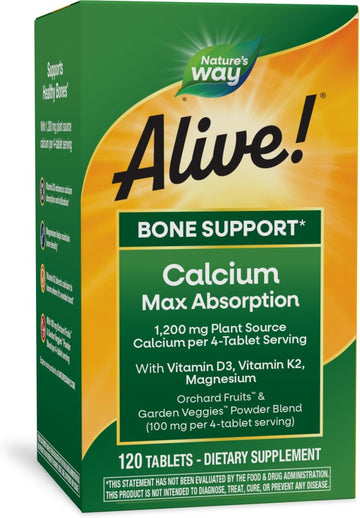 Nature'S Way Alive! Calcium Max Absorption, Bone Support*, Plant Source Calcium, Vitamin D3 & K2, Magnesium
