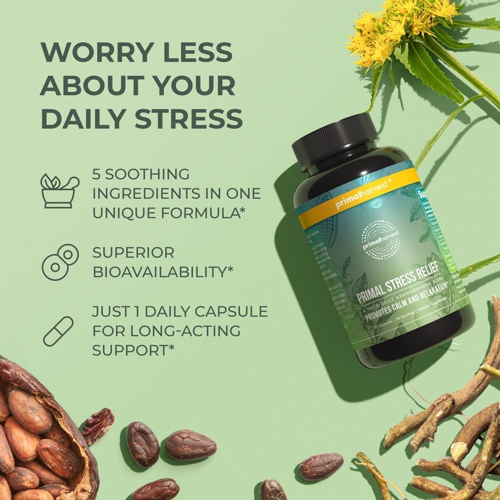 Primal Harvest Stress Relief Supplement for Women and Men Pure Ashwagandha Root Extract, L-Theanine Supplements, 30 Capsules : Health & Household