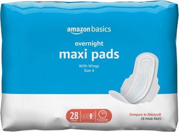 Amazon Basics Thick Maxi Pads With Wings For Periods - Overnight Absorbency, Unscented, Size 4, 28 Count (Previously Solimo)