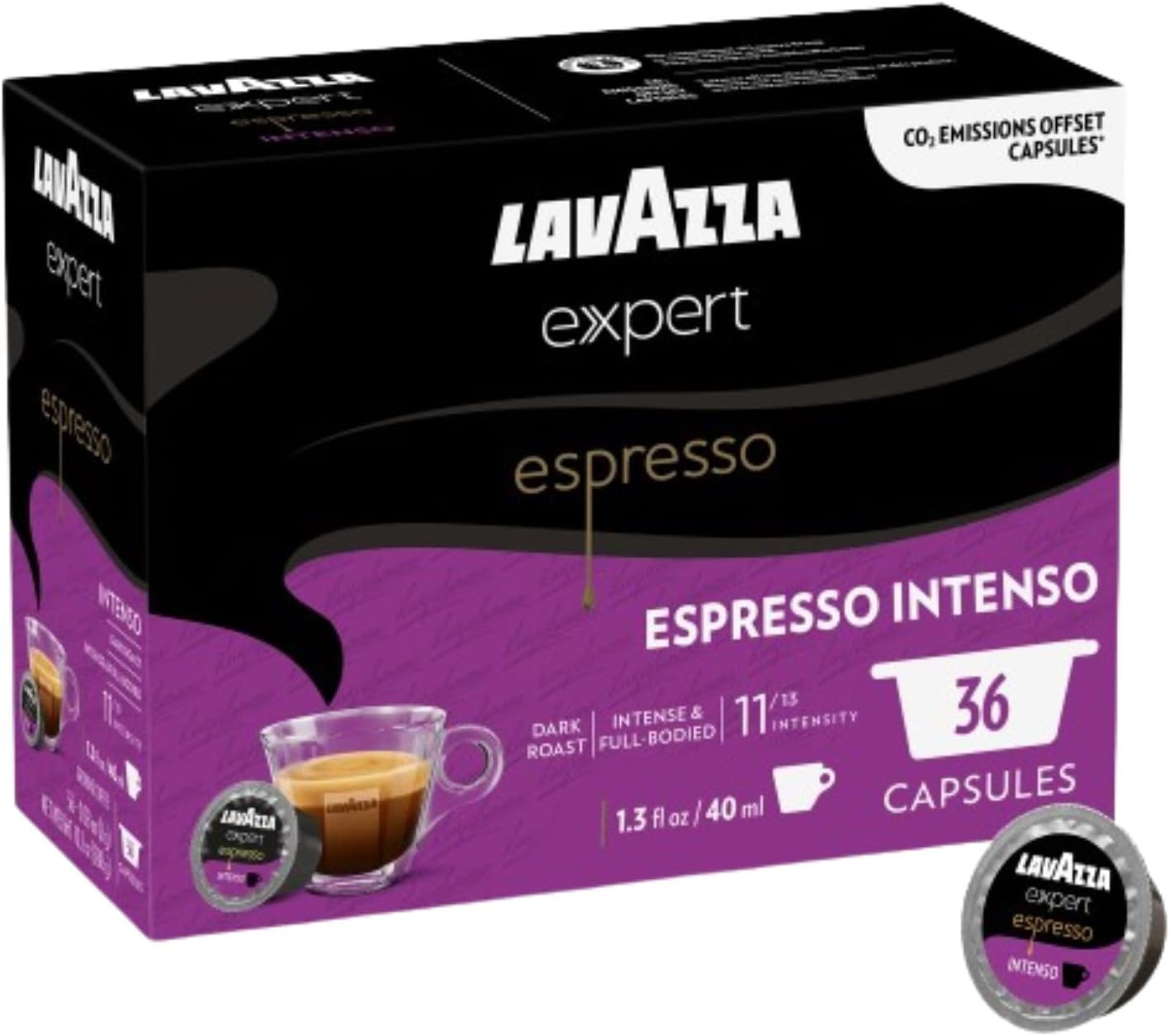 Lavazza Expert Espresso Intenso Coffee Capsules, Intense, Dark Roast, Arabica and Robusta, notes of dried fruit, Intensity 11 out 13, Espresso Preparation, Blended and Roasted in Italy, (36 Capsules)
