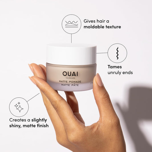 OUAI Matte Hair Pomade - Styling Paste for Moldable Hold, Texture, Separation & Frizz Control - Leaves Matte Finish for Cool Yet Casual Hair - Paraben Free Hair Styling Products (1.7 Oz)