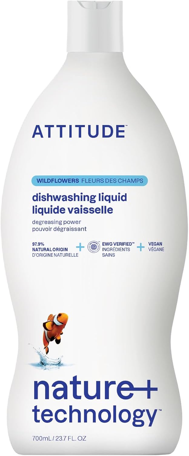 Attitude Dishwashing Liquid, Ewg Verified, Vegan Dish Soap, Plant Based, Naturally Derived Products, Wildflowers, 23.7 Fl Oz