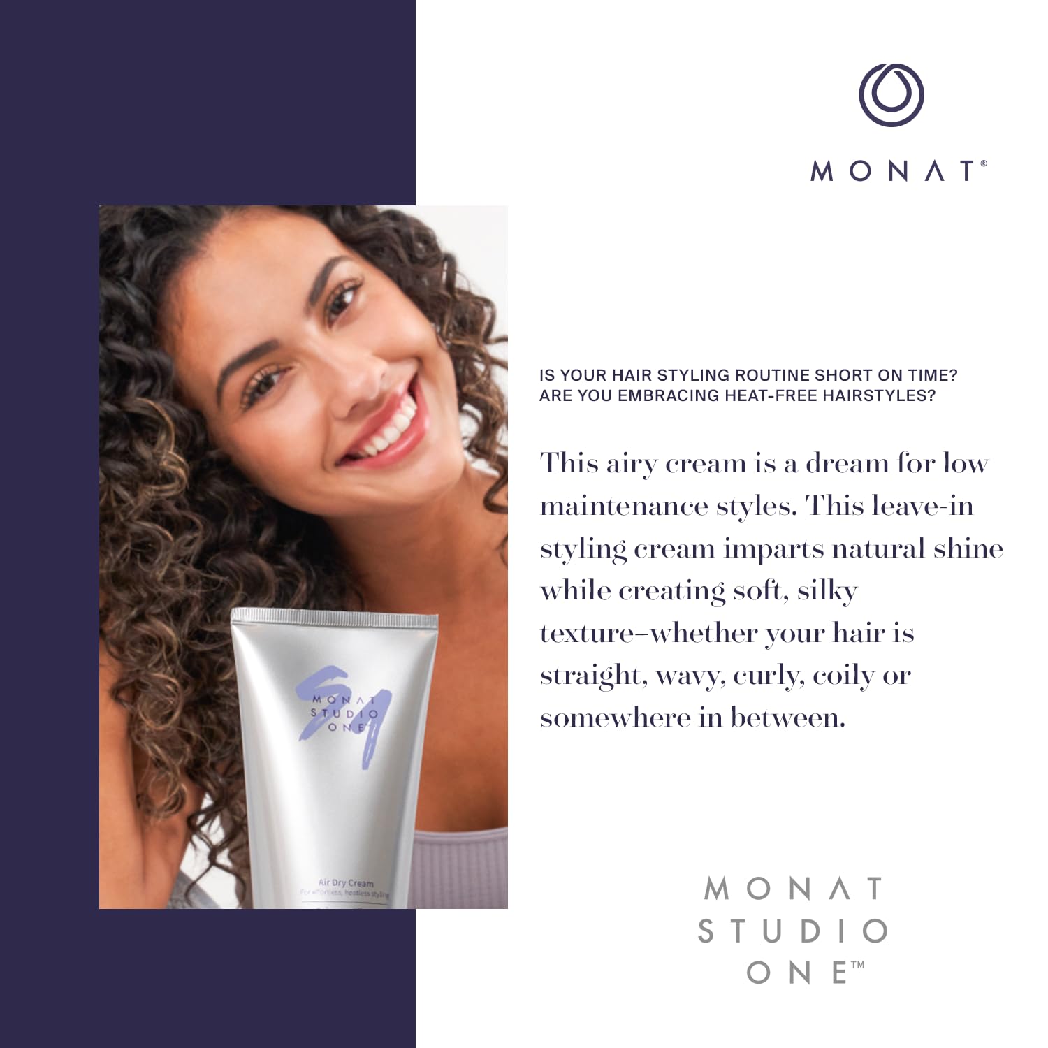 MONAT STUDIO ONE™ Air Dry Cream - Soft, Hair Styling Cream for touchable hold and Humidity Protection. Hair Frizz Control for All-Hair Types and no heat needed - Net Wt. 177 ml / 6 fl. oz. : Beauty & Personal Care