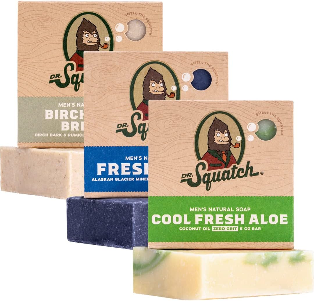 Dr. Squatch All Natural Soap Bar For Men, 3 Bar Variety Pack - Birchwood Breeze, Cool Fresh Aloe, Fresh Falls