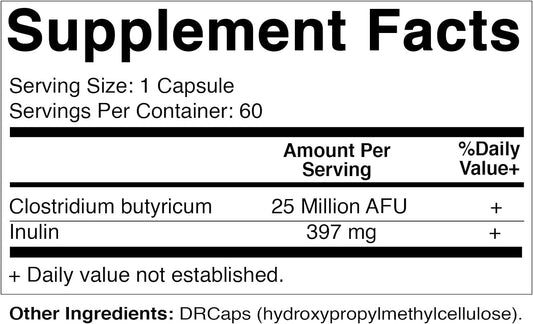 Vitamatic Clostridium butyricum 25 Million - Gut Health - 60 DR Capsules (Delayed Released) - Made with Prebiotic Inulin Fiber