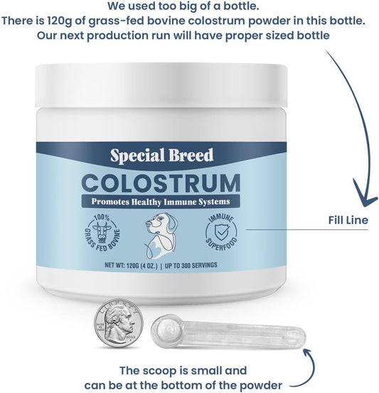 Special Breed Bovine Colostrum For Dogs And Cats, Immune Support Supplement For Allergy And Itch Relief, Grass Fed Colostrum Powder (120 Grams)