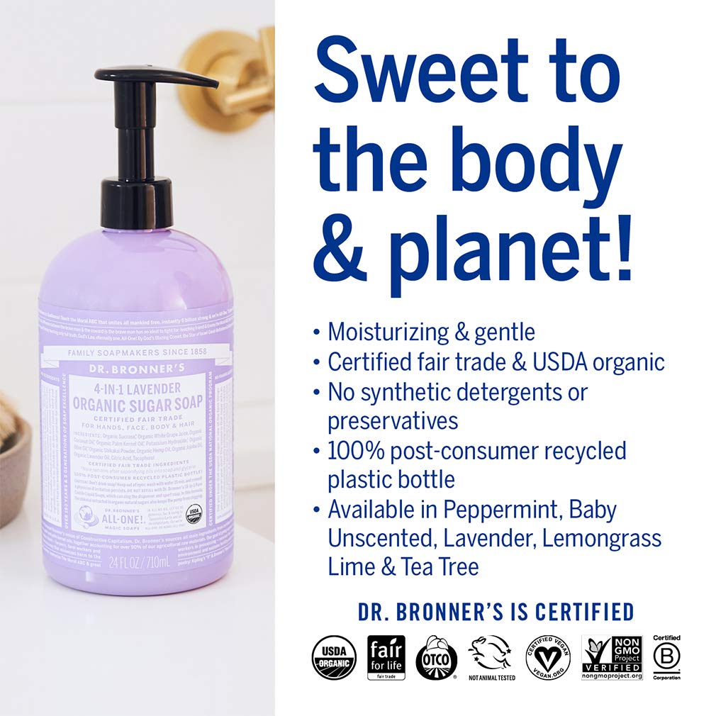 Dr. Bronner's - Organic Sugar Soap (Lavender, 24 Ounce) - Made with Organic Oils, Sugar & Shikakai Powder, 4-in-1 Uses: Hands, Body, Face & Hair, Cleanses, Moisturizes & Nourishes, Vegan : Beauty & Personal Care