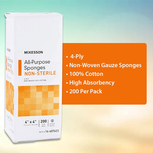 Mckesson All Purpose Sponges, Non-Sterile, 4-Ply, 100% Cotton, 4 In X 4 In, 200 Per Pack, 20 Packs, 4000 Total