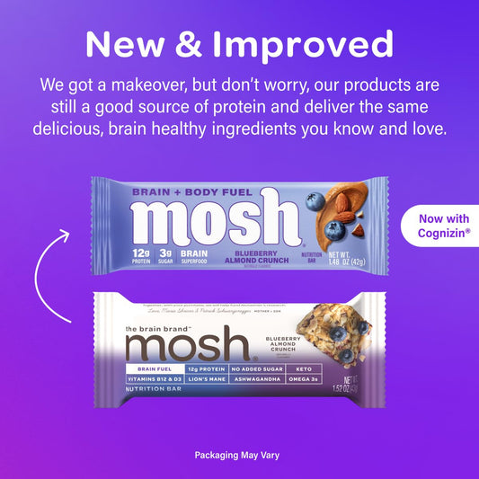 Mosh Blueberry Almond Crunch Keto Protein Bars, High Protein, Gluten Free, Brain Healthy Snack With Ashwagandha And Lions Mane, 12 Count