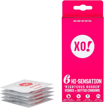 XO! Hi-Sensation Eco Friendly Condoms Ribbed and Dotted, Natural Rubber Latex (Pack of 6)