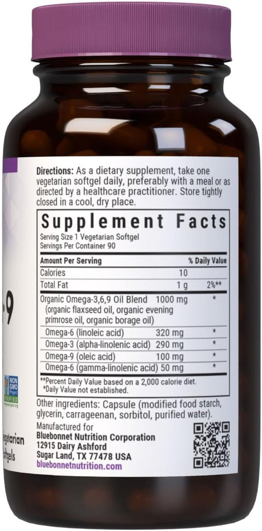 Bluebonnet Nutrition Plant Based Omega 3-6-9-1000 Mg – For Heart Health* – Highly Absorbable Cold Pressed Oil – Non-Gmo Project Verified, Vegan – Free Of Gluten, Soy & Milk - 90 Softgels, 90 Serving