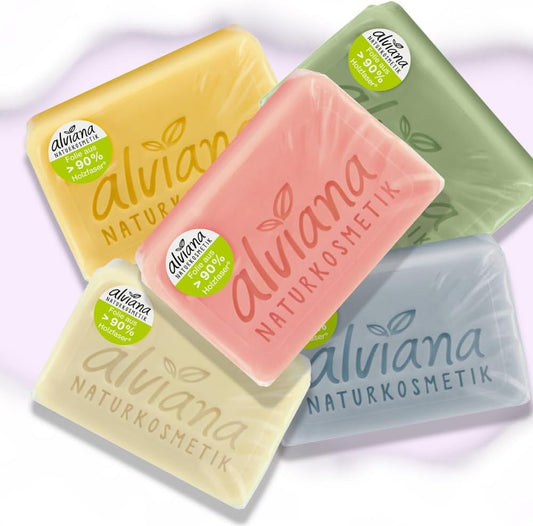 Alviana Plant Oil Soap Collection - Set of 5 Natural Soaps: Pomegranate, Lemongrass, Olive, Lavender, Milk & Honey - Organic, Gentle, European Quality