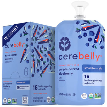 Cerebelly Baby Food Pouches Stage 1 – Purple Carrot Blueberry Smoothie (4 oz, Pack of 12), Organic Fruit & Veggie Purees, Great Toddler Snacks
