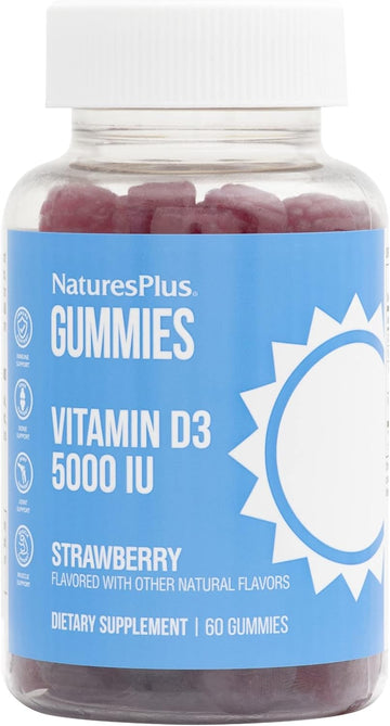 Natures Plus Gummies Vitamin D3 5000 Iu - 60 Gummies, Strawberry - Promotes Bone Health & Immune Function - Vegan, Gluten Free, Non-Gmo - 60 Servings