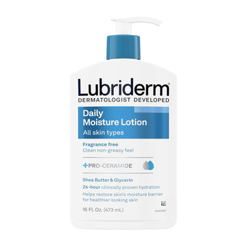 Lubriderm Fragrance Free Daily Moisture Lotion + Pro-Ceramide, Shea Butter & Glycerin, Face, Hand & Body Lotion For Sensitive Skin, Hydrating Lotion For Healthier-Looking Skin, 16 Fl. Oz