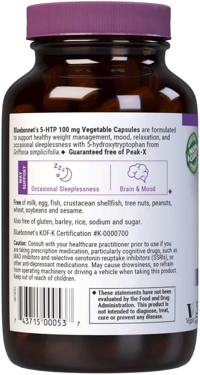 Bluebonnet Nutrition 5-Htp(Hydroxytrypophan) 100Mg, For Neurotransmitter Support*, Supports Positive Mood*, Soy-Free, Gluten-Free, Non-Gmo, Kosher Certified, Vegan, White,120 Vegetable Capsule