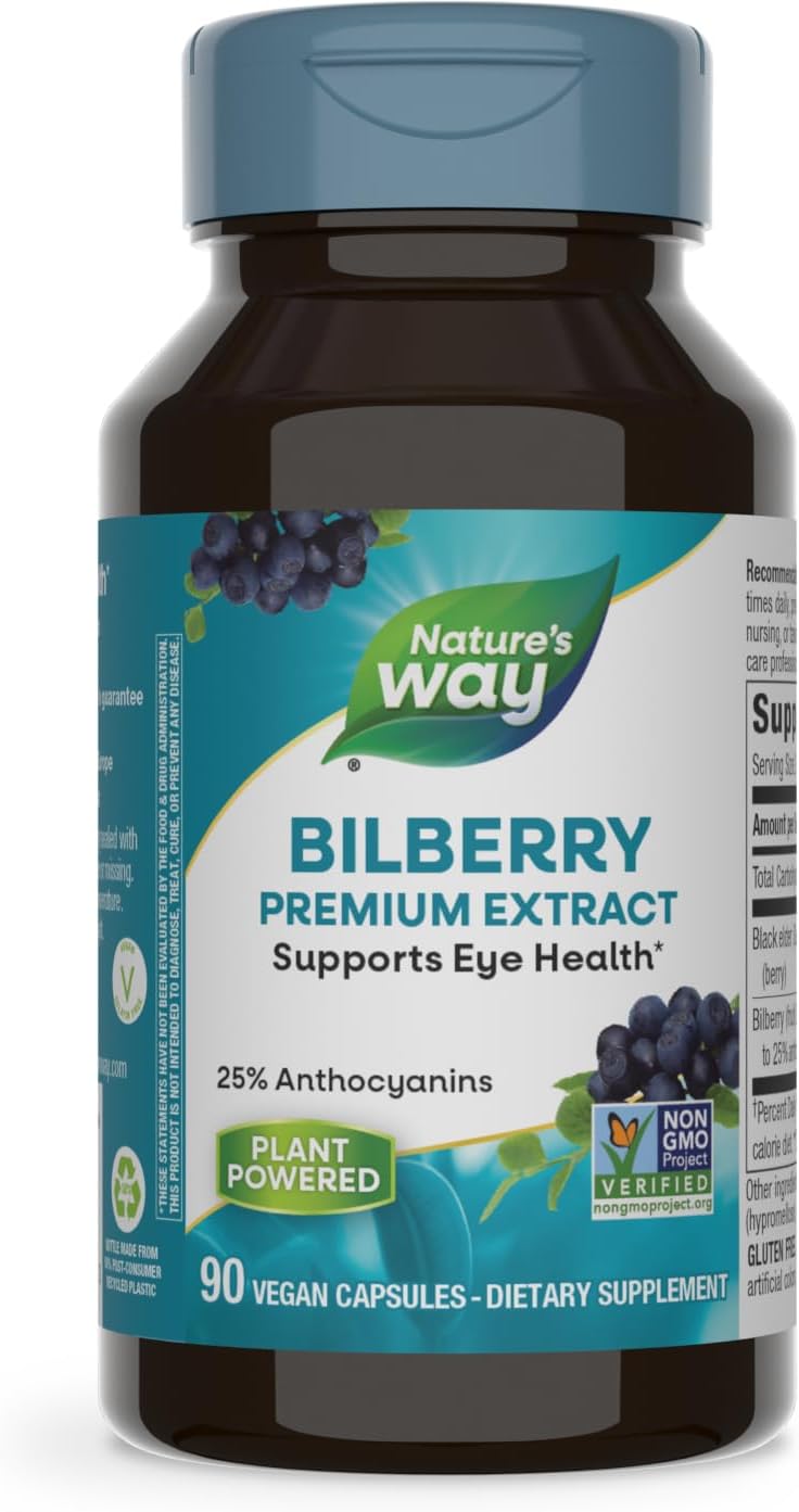 Nature's Way Bilberry Premium Extract, Supports Eye Health*, Eye Health Supplement for Adults with Black Elderberry*, Gluten Free, Vegan, 90 Capsules (Packaging May Vary)